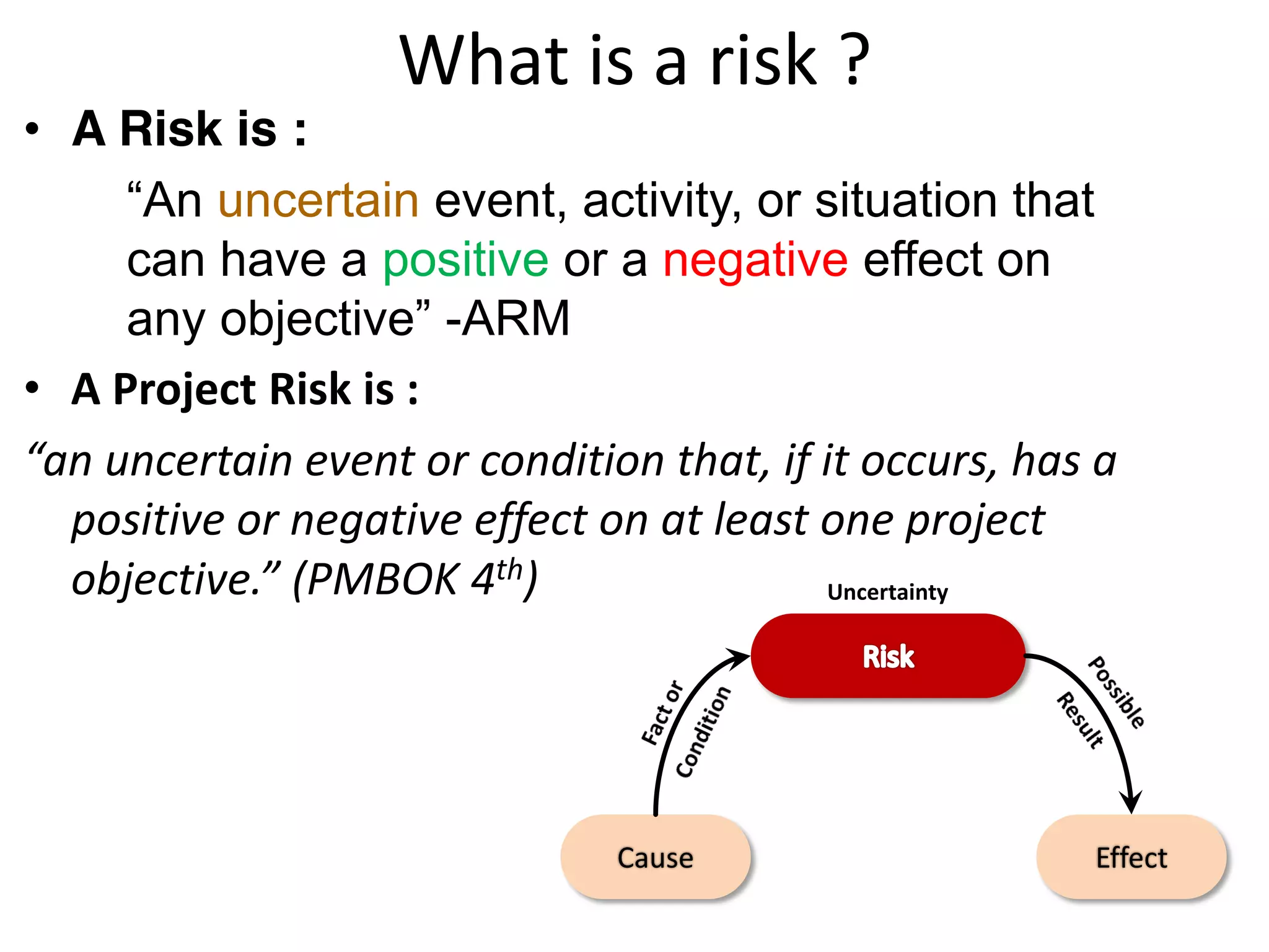 What is a risk ?
• A Risk is :
“An uncertain event, activity, or situation that
can have a positive or a negative effect on
any objective” -ARM
• A Project Risk is :
“an uncertain event or condition that, if it occurs, has a
positive or negative effect on at least one project
objective.” (PMBOK 4th)
Cause Effect
Uncertainty
 