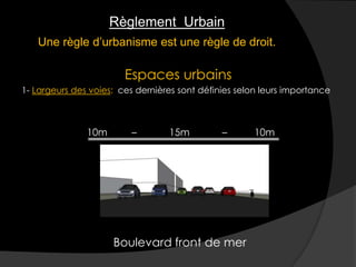 Règlement Urbain
Espaces urbains
1- Largeurs des voies: ces dernières sont définies selon leurs importance
10m – 15m – 10m
Boulevard front de mer
Une règle d’urbanisme est une règle de droit.
 