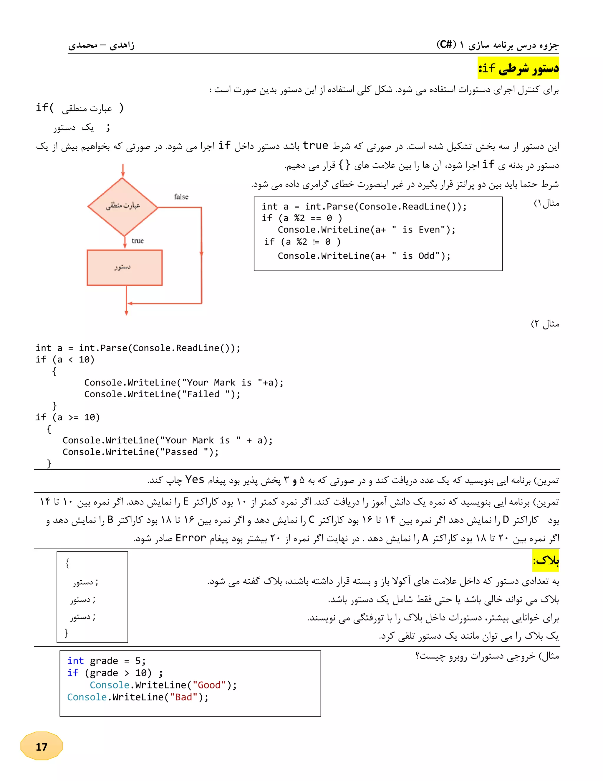 ‫سازی‬ ‫برنامه‬ ‫درس‬ ‫جزوه‬1(C#)‫زاهدی‬–‫محمدی‬
17
‫شرطی‬ ‫دستور‬if:
: ‫است‬ ‫صورت‬ ‫بدین‬ ‫دستور‬ ‫این‬ ‫از‬ ‫استفاده‬ ‫کلی‬ ‫شکل‬ .‫شود‬ ‫می‬ ‫استفاده‬ ‫دستورات‬ ‫اجرای‬ ‫کنترل‬ ‫برای‬
if( ‫منطقی‬ ‫عبارت‬ )
‫یک‬‫دستور‬ ;
‫سه‬ ‫از‬ ‫دستور‬ ‫این‬‫ب‬‫است‬ ‫شده‬ ‫تشکیل‬ ‫خش‬‫شرط‬ ‫که‬ ‫صورتی‬ ‫در‬ .true‫داخل‬ ‫دستور‬ ‫باشد‬if‫یک‬ ‫از‬ ‫بیش‬ ‫بخواهیم‬ ‫که‬ ‫صورتی‬ ‫در‬ .‫شود‬ ‫می‬ ‫اجرا‬
‫در‬ ‫دستور‬‫ی‬ ‫بدنه‬if‫شود‬ ‫اجرا‬،‫های‬ ‫عالمت‬ ‫بین‬ ‫را‬ ‫ها‬ ‫آن‬{}‫دهیم‬ ‫می‬ ‫قرار‬.
.‫شود‬ ‫می‬ ‫داده‬ ‫گرامری‬ ‫خطای‬ ‫اینصورت‬ ‫غیر‬ ‫در‬ ‫بگیرد‬ ‫قرار‬ ‫پرانتز‬ ‫دو‬ ‫بین‬ ‫باید‬ ‫حتما‬ ‫شرط‬
‫مثال‬2)
‫مثال‬1)
int a = int.Parse(Console.ReadLine());
if (a < 10)
{
Console.WriteLine("Your Mark is "+a);
Console.WriteLine("Failed ");
}
if (a >= 10)
{
Console.WriteLine("Your Mark is " + a);
Console.WriteLine("Passed ");
}
‫که‬ ‫بنویسید‬ ‫ایی‬ ‫برنامه‬ )‫تمرین‬‫به‬ ‫که‬ ‫صورتی‬ ‫در‬ ‫و‬ ‫کند‬ ‫دریافت‬ ‫عدد‬ ‫یک‬5‫و‬3‫پذیر‬ ‫پخش‬‫پیغام‬ ‫بود‬Yes.‫کند‬ ‫چاپ‬
)‫تمرین‬‫از‬ ‫کمتر‬ ‫نمره‬ ‫اگر‬ .‫کند‬ ‫دریافت‬ ‫را‬ ‫آموز‬ ‫دانش‬ ‫یک‬ ‫نمره‬ ‫که‬ ‫بنویسید‬ ‫ایی‬ ‫برنامه‬21‫کاراکتر‬ ‫بود‬E‫بین‬ ‫نمره‬ ‫اگر‬ .‫دهد‬ ‫نمایش‬ ‫را‬21‫تا‬24
‫بود‬‫کاراکتر‬D‫نمای‬ ‫را‬‫بین‬ ‫نمره‬ ‫اگر‬ ‫دهد‬ ‫ش‬24‫تا‬21‫کاراکتر‬ ‫بود‬C‫بین‬ ‫نمره‬ ‫اگر‬ ‫و‬ ‫دهد‬ ‫نمایش‬ ‫را‬21‫تا‬28‫کاراکتر‬ ‫بود‬B‫و‬ ‫دهد‬ ‫نمایش‬ ‫را‬
‫بین‬ ‫نمره‬ ‫اگر‬11‫تا‬28‫کاراکتر‬ ‫بود‬A‫از‬ ‫نمره‬ ‫اگر‬ ‫نهایت‬ ‫در‬ . ‫دهد‬ ‫نمایش‬ ‫را‬11‫پیغام‬ ‫بود‬ ‫بیشتر‬Error.‫شود‬ ‫صادر‬
:‫بالک‬
‫های‬ ‫عالمت‬ ‫داخل‬ ‫که‬ ‫دستور‬ ‫تعدادی‬ ‫به‬.‫شود‬ ‫می‬ ‫گفته‬ ‫بالك‬ ،‫باشند‬ ‫داشته‬ ‫قرار‬ ‫بسته‬ ‫و‬ ‫باز‬ ‫آکوال‬
.‫باشد‬ ‫دستور‬ ‫یک‬ ‫شامل‬ ‫فقط‬ ‫حتی‬ ‫یا‬ ‫باشد‬ ‫خالی‬ ‫تواند‬ ‫می‬ ‫بالك‬
.‫نویسند‬ ‫می‬ ‫تورفتگی‬ ‫با‬ ‫را‬ ‫بالك‬ ‫داخل‬ ‫دستورات‬ ،‫بیشتر‬ ‫خوانایی‬ ‫برای‬
.‫کرد‬ ‫تلقی‬ ‫دستور‬ ‫یک‬ ‫مانند‬ ‫توان‬ ‫می‬ ‫را‬ ‫بالك‬ ‫یک‬
‫چیست؟‬ ‫روبرو‬ ‫دستورات‬ ‫خروجی‬ )‫مثال‬
int a = int.Parse(Console.ReadLine());
if (a %2 == 0 )
Console.WriteLine(a+ " is Even");
if (a %2 != 0 )
Console.WriteLine(a+ " is Odd");
}
‫دستور‬ ;
‫دستور‬ ;
‫دستور‬ ;
}
int grade = 5;
if (grade > 10) ;
Console.WriteLine("Good");
Console.WriteLine("Bad");
 