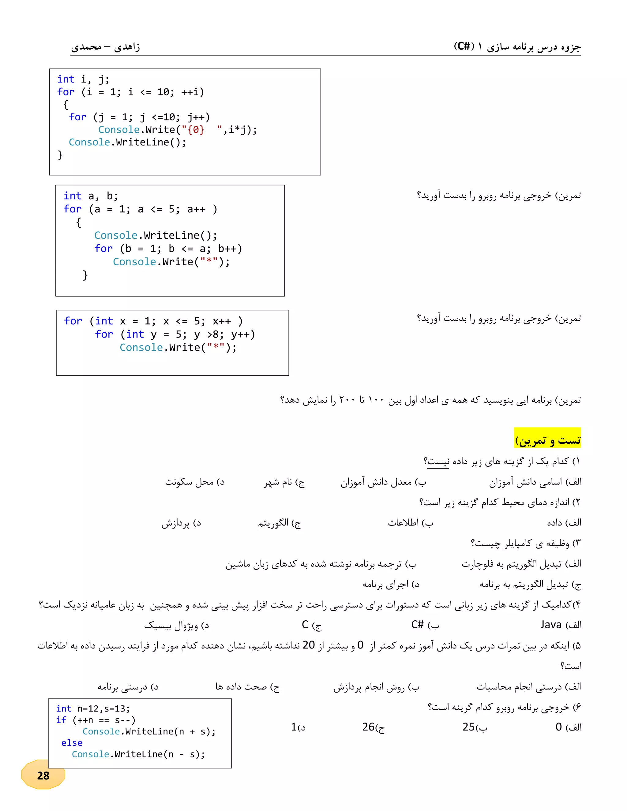 ‫سازی‬ ‫برنامه‬ ‫درس‬ ‫جزوه‬1(C#)‫زاهدی‬–‫محمدی‬
28
‫آورید؟‬ ‫بدست‬ ‫را‬ ‫روبرو‬ ‫برنامه‬ ‫خروجی‬ )‫تمرین‬
‫آورید؟‬ ‫بدست‬ ‫را‬ ‫روبرو‬ ‫برنامه‬ ‫خروجی‬ )‫تمرین‬
‫بین‬ ‫اول‬ ‫اعداد‬ ‫ی‬ ‫همه‬ ‫که‬ ‫بنویسید‬ ‫ایی‬ ‫برنامه‬ )‫تمرین‬211‫تا‬111‫دهد؟‬ ‫نمایش‬ ‫را‬
‫تست‬‫تمرین‬ ‫و‬)
2‫داده‬ ‫زیر‬ ‫های‬ ‫گزینه‬ ‫از‬ ‫یک‬ ‫کدام‬ )‫نیست‬‫؟‬
)‫الف‬‫سکونت‬ ‫محل‬ )‫د‬ ‫شهر‬ ‫نام‬ )‫ج‬ ‫آموزان‬ ‫دانش‬ ‫معدل‬ )‫ب‬ ‫آموزان‬ ‫دانش‬ ‫اسامی‬
1‫است؟‬ ‫زیر‬ ‫گزینه‬ ‫کدام‬ ‫محیط‬ ‫دمای‬ ‫اندازه‬ )
‫اط‬ )‫ب‬ ‫داده‬ )‫الف‬‫پردازش‬ )‫د‬ ‫الگوریتم‬ )‫ج‬ ‫العات‬
3‫چیست؟‬ ‫کامپایلر‬ ‫ی‬ ‫وظیفه‬ )
‫ماشین‬ ‫زبان‬ ‫کدهای‬ ‫به‬ ‫شده‬ ‫نوشته‬ ‫برنامه‬ ‫ترجمه‬ )‫ب‬ ‫فلوچارت‬ ‫به‬ ‫الگوریتم‬ ‫تبدیل‬ )‫الف‬
‫برنامه‬ ‫اجرای‬ )‫د‬ ‫برنامه‬ ‫به‬ ‫الگوریتم‬ ‫تبدیل‬ )‫ج‬
4)‫است؟‬ ‫نزدیک‬ ‫عامیانه‬ ‫زبان‬ ‫به‬ ‫همچنین‬ ‫و‬ ‫شده‬ ‫بینی‬ ‫پیش‬ ‫افزار‬ ‫سخت‬ ‫تر‬ ‫راحت‬ ‫دسترسی‬ ‫برای‬ ‫دستورات‬ ‫که‬ ‫است‬ ‫زبانی‬ ‫زیر‬ ‫های‬ ‫گزینه‬ ‫از‬ ‫کدامیک‬
)‫الف‬Java)‫ب‬C#)‫ج‬C‫بیسیک‬ ‫ویژوال‬ )‫د‬
5)‫از‬ ‫کمتر‬ ‫نمره‬ ‫آموز‬ ‫دانش‬ ‫یک‬ ‫درس‬ ‫نمرات‬ ‫بین‬ ‫در‬ ‫اینکه‬0‫از‬ ‫بیشتر‬ ‫و‬20‫اطالعات‬ ‫به‬ ‫داده‬ ‫رسیدن‬ ‫فرایند‬ ‫از‬ ‫مورد‬ ‫کدام‬ ‫دهنده‬ ‫نشان‬ ،‫باشیم‬ ‫نداشته‬
‫است؟‬
‫د‬ )‫د‬ ‫ها‬ ‫داده‬ ‫صحت‬ )‫ج‬ ‫پردازش‬ ‫انجام‬ ‫روش‬ )‫ب‬ ‫محاسبات‬ ‫انجام‬ ‫درستی‬ )‫الف‬‫برنامه‬ ‫رستی‬
1‫است؟‬ ‫گزینه‬ ‫کدام‬ ‫روبرو‬ ‫برنامه‬ ‫خروجی‬ )
)‫الف‬0)‫ب‬25)‫ج‬26)‫د‬1
int n=12,s=13;
if (++n == s--)
Console.WriteLine(n + s);
else
Console.WriteLine(n - s);
int i, j;
for (i = 1; i <= 10; ++i)
{
for (j = 1; j <=10; j++)
Console.Write("{0} ",i*j);
Console.WriteLine();
}
int a, b;
for (a = 1; a <= 5; a++ )
{
Console.WriteLine();
for (b = 1; b <= a; b++)
Console.Write("*");
}
for (int x = 1; x <= 5; x++ )
for (int y = 5; y >8; y++)
Console.Write("*");
 