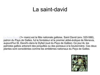La saint-davidLa Saint-David(1er mars) est la fête nationale galloise. Saint David (env. 520-588), patron du Pays de Galles, fut le fondateur et le premier abbé-évêque de Menevia, aujourd'hui St. David's dans le Dyfed (sud du Pays de Galles). Ce jour-là, les patriotes gallois arborent des jonquilles ou des poireaux à la boutonnière. Ces deux plantes sont considérées comme les emblèmes nationaux du Pays de Galles. 