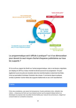 67
Le programmatique est-il difficile à pratiquer? va t-il se démocratiser
pour devenir le seul moyen d'achat d'espaces publicitaires sur tous
les supports ?
Si l’on se fie au rapport de Zenith sur l’achat programmatique, celui-ci est devenu majoritaire
(en display) en 2016 au niveau mondial et devrait poursuivre sa progression. On peut
également suivre de près son évolution dans les marchés leaders (notamment les Etats-
Unis) qui permettent d’anticiper l’évolution des choses. Il commence depuis quelques
années à pénétrer l’achat média des supports traditionnels et ceci croît naturellement.
Freins
Choix des prestataires, pas assez de transparence, fraude publicitaire (clics, utilisation des
robots...), beaucoup de freins qui nous laissent penser que le programmatique tarde à se
développer et proposer des nouvelles fonctionnalités pour rassurer les annonceurs, malgré leur
consommation en constante croissance.
 