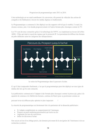 74
Progression du programmatique entre 2013 et 2016.
Cette technologie est un canal contribuant à la conversion, elle permet de véhiculer des actions de
conquête et de fidélisation à travers les médias digitaux et traditionnels.
Le Programmatique a commencé à être déployé sur des supports web tel que le mobile, l’e-mail, les
réseaux sociaux, puis s’est étendu progressivement à d’autres formats plus classiques comme la TV.
Les TV sont devenus connectées grâce à la technologie de l’IPTV, ou simplement au travers de la Box
ADSL / Fibre qui émet et reçoit des signaux par le protocole IP. Lui permettant de diffuser des formats
de pubs différents selon les catégories des téléspectateurs.
la valeur du Programmatique dans le parcours d’achat.
Ce qu’il faut comprendre finalement, c’est que le programmatique peut être déployé sur tous types de
médias dès lors qu’ils sont connectés.
Les publicitaires commencent à l’adapter à des formats plus classiques comme la presse qui, grâce à la
quantité de contenus et la fidélité des lecteurs, continue de fleurir pour se positionner comme un
puissant levier de diffusion plus optimisé et plus impactant !
La réussite du programmatique est étroitement liée à la pertinence de la démarche publicitaire :
 Il s’adapte complètement au comportement de l’internaute.
 Propose un push marketing personnalisé qui incite au clic.
 Augmente les taux de conversion.
 Influe les décisions d’achat.
Son succès est tiré d’un ciblage précis, des données provenant de la navigation de l’internaute et de ses
recherches (cookies).
 