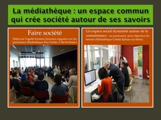 Faire société
Débat sur l’égalité femmes/hommes organisé avec les
partenaires (Médiathèque Elsa Triolet -L’Île-St-Denis-)
Un espace social dynamisé autour de la
connaissance : un partenariat pour objectiver les
besoins (Médiathèque Colette Epinay-sur-Seine)
 