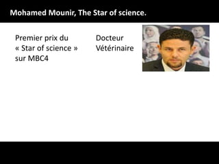 Mohamed Mounir, The Star of science.
Premier prix du
« Star of science »
sur MBC4

Docteur
Vétérinaire

 