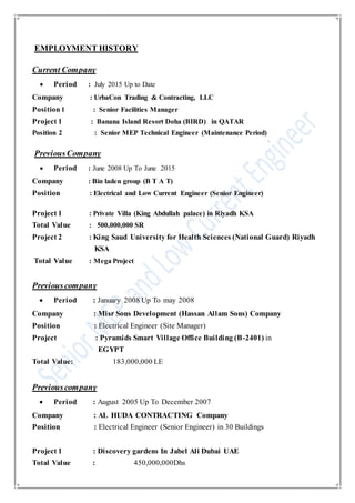 EMPLOYMENT HISTORY
Current Company
 Period : July 2015 Up to Date
Company : UrbaCon Trading & Contracting, LLC
Position 1 : Senior Facilities Manager
Project 1 : Banana Island Resort Doha (BIRD) in QATAR
Position 2 : Senior MEP Technical Engineer (Maintenance Period)
PreviousCompany
 Period : June 2008 Up To June 2015
Company : Bin laden group (B T A T)
Position : Electrical and Low Current Engineer (Senior Engineer)
Project 1 : Private Villa (King Abdullah palace) in Riyadh KSA
Total Value : 500,000,000 SR
Project 2 : King Saud University for Health Sciences (National Guard) Riyadh
KSA
Total Value : Mega Project
Previouscompany
 Period : January 2008 Up To may 2008
Company : Misr Sons Development (Hassan Allam Sons) Company
Position : Electrical Engineer (Site Manager)
Project : Pyramids Smart Village Office Building (B-2401) in
EGYPT
Total Value: 183,000,000 LE
Previouscompany
 Period : August 2005 Up To December 2007
Company : AL HUDA CONTRACTING Company
Position : Electrical Engineer (Senior Engineer) in 30 Buildings
Project 1 : Discovery gardens In Jabel Ali Dubai UAE
Total Value : 450,000,000Dhs
 