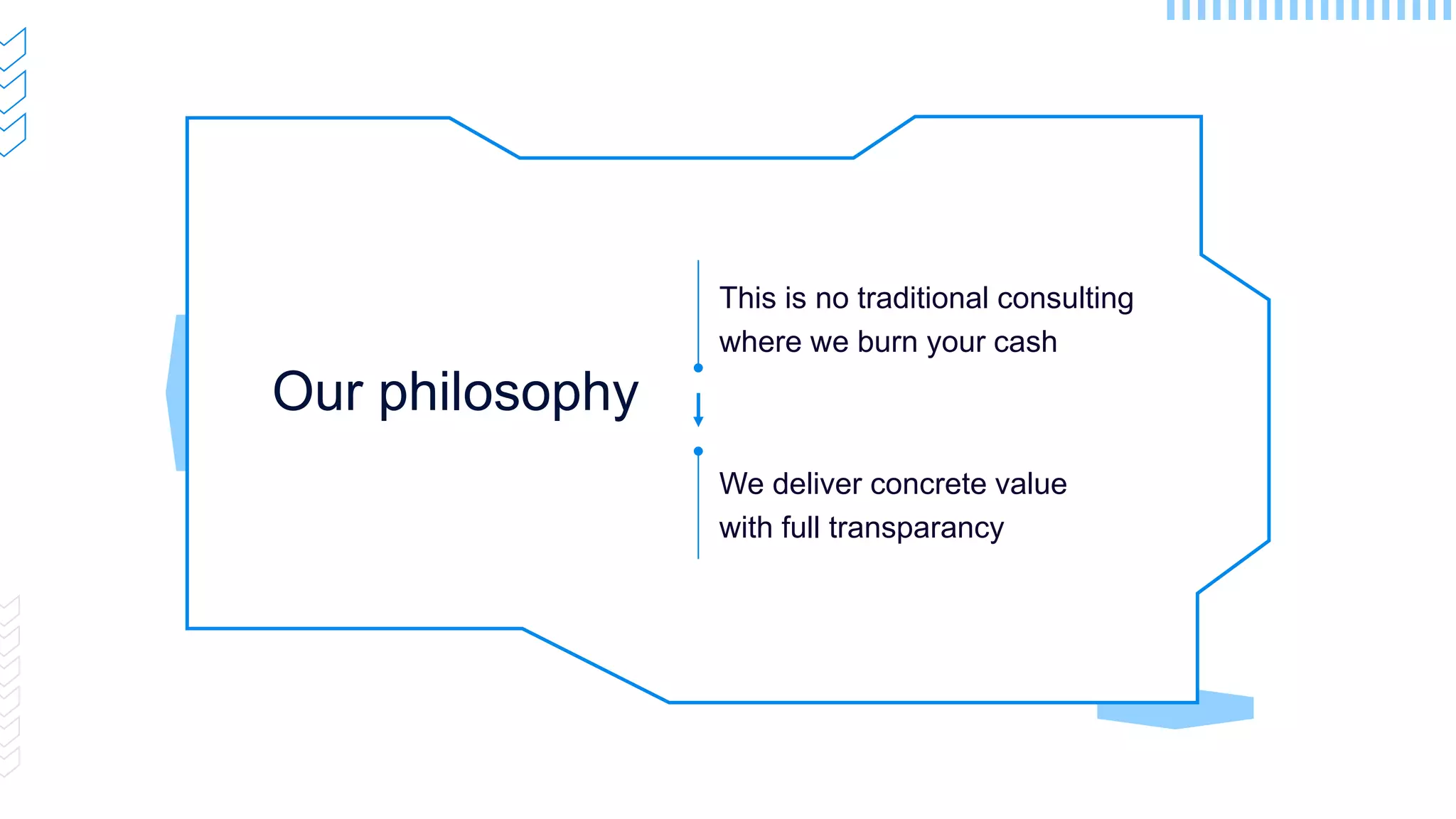 This is no traditional consulting
where we burn your cash
Our philosophy
We deliver concrete value
with full transparancy
 