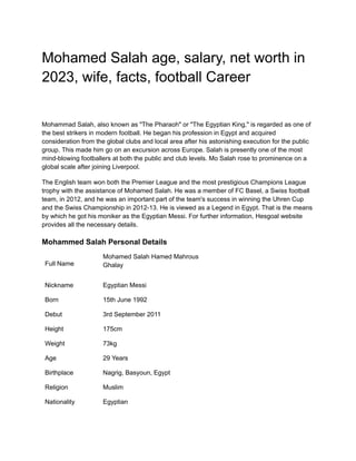 Mohamed Salah age, salary, net worth in
2023, wife, facts, football Career
Mohammad Salah, also known as "The Pharaoh" or "The Egyptian King," is regarded as one of
the best strikers in modern football. He began his profession in Egypt and acquired
consideration from the global clubs and local area after his astonishing execution for the public
group. This made him go on an excursion across Europe. Salah is presently one of the most
mind-blowing footballers at both the public and club levels. Mo Salah rose to prominence on a
global scale after joining Liverpool.
The English team won both the Premier League and the most prestigious Champions League
trophy with the assistance of Mohamed Salah. He was a member of FC Basel, a Swiss football
team, in 2012, and he was an important part of the team's success in winning the Uhren Cup
and the Swiss Championship in 2012-13. He is viewed as a Legend in Egypt. That is the means
by which he got his moniker as the Egyptian Messi. For further information, Hesgoal website
provides all the necessary details.
Mohammed Salah Personal Details
Full Name
Mohamed Salah Hamed Mahrous
Ghalay
Nickname Egyptian Messi
Born 15th June 1992
Debut 3rd September 2011
Height 175cm
Weight 73kg
Age 29 Years
Birthplace Nagrig, Basyoun, Egypt
Religion Muslim
Nationality Egyptian
 