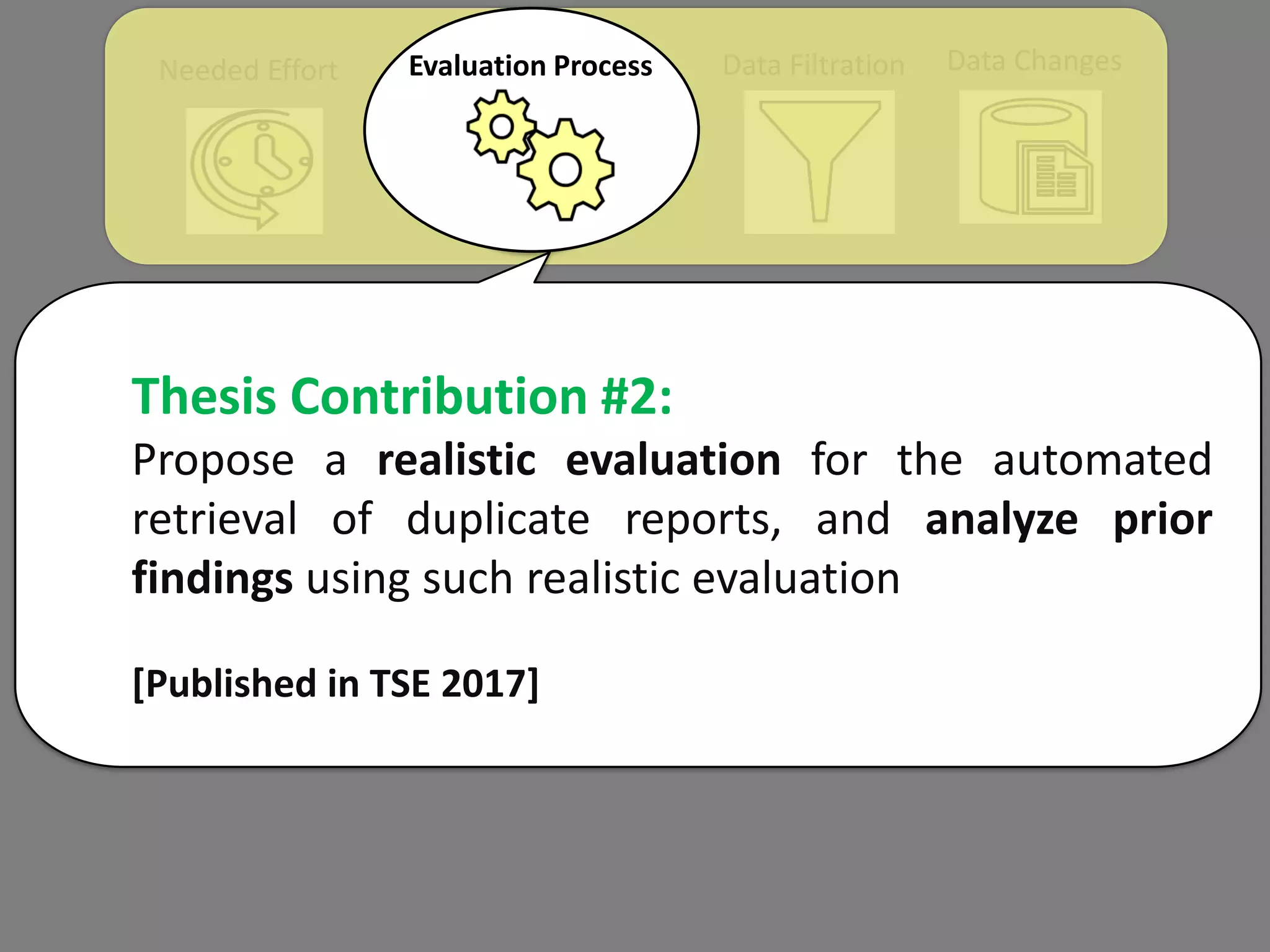 Data ChangesData FiltrationNeeded Effort Evaluation Process
Thesis Contribution #2:
Propose a realistic evaluation for the automated
retrieval of duplicate reports, and analyze prior
findings using such realistic evaluation
[Published in TSE 2017]
 
