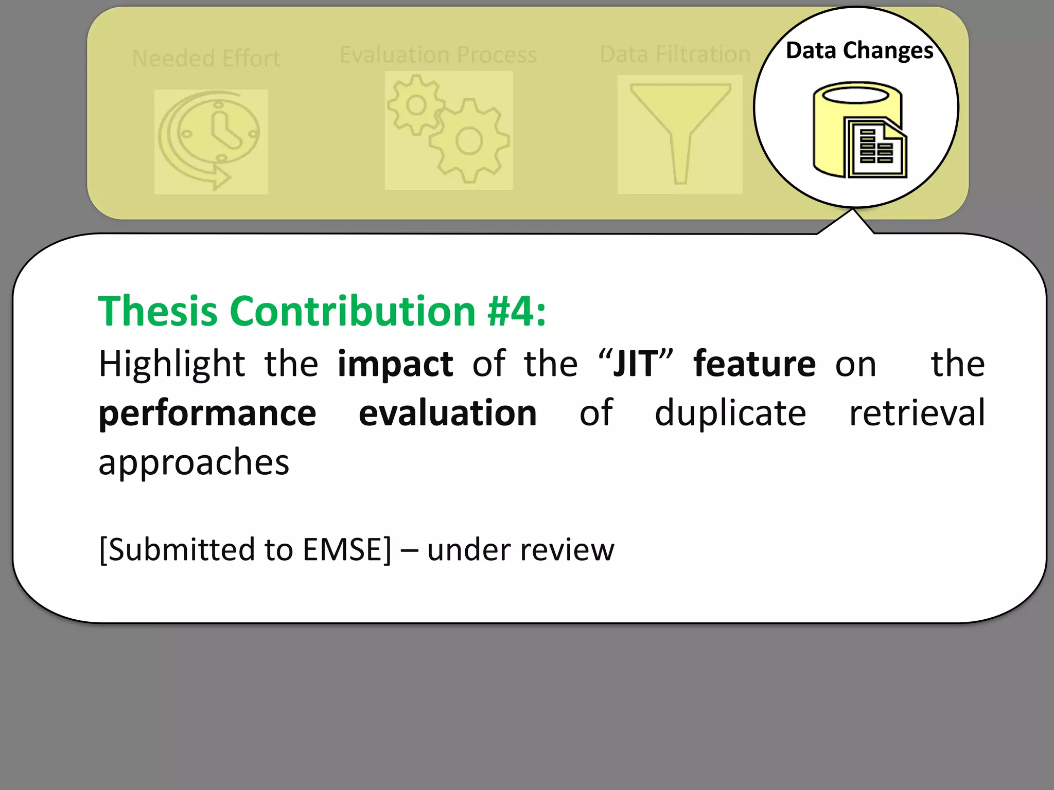 Needed Effort Evaluation Process Data Filtration Data Changes
Thesis Contribution #4:
Highlight the impact of the “JIT” feature on the
performance evaluation of duplicate retrieval
approaches
[Submitted to EMSE] – under review
 