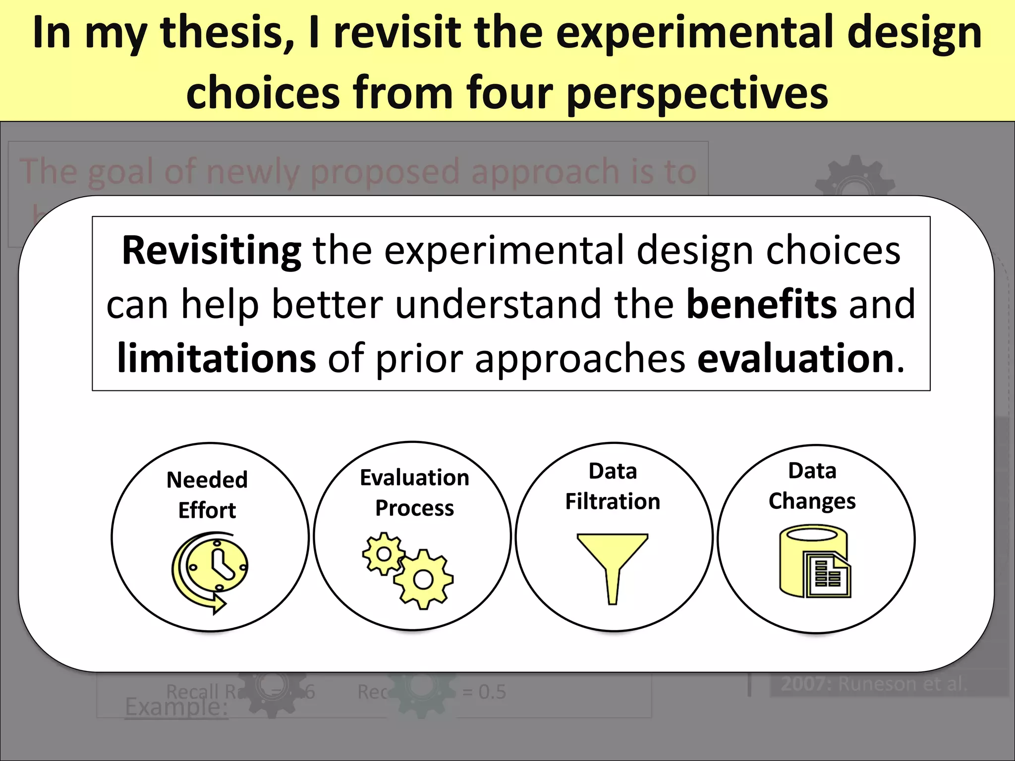 In my thesis, I revisit the experimental design
choices from four perspectives
Automated
Approach
Performance
Recall Rate
Duplicate
The goal of newly proposed approach is to
have better performance than prior ones
A BRecall Rate = 0.6 Recall Rate = 0.5
>Example:
Prior Research
2007: Runeson et al.
2008: Wang et al.
2010: Sun et al.
2010: Sureka et al.
2011: Sun et al.
2012: Zhou al.
2012: Nguyen al.
2015: Aggarwal al.
2016: Hindle al.
2016: Jie et al.
Revisiting the experimental design choices
can help better understand the benefits and
limitations of prior approaches evaluation.
Needed
Effort
Data
Filtration
Data
Changes
Evaluation
Process
 