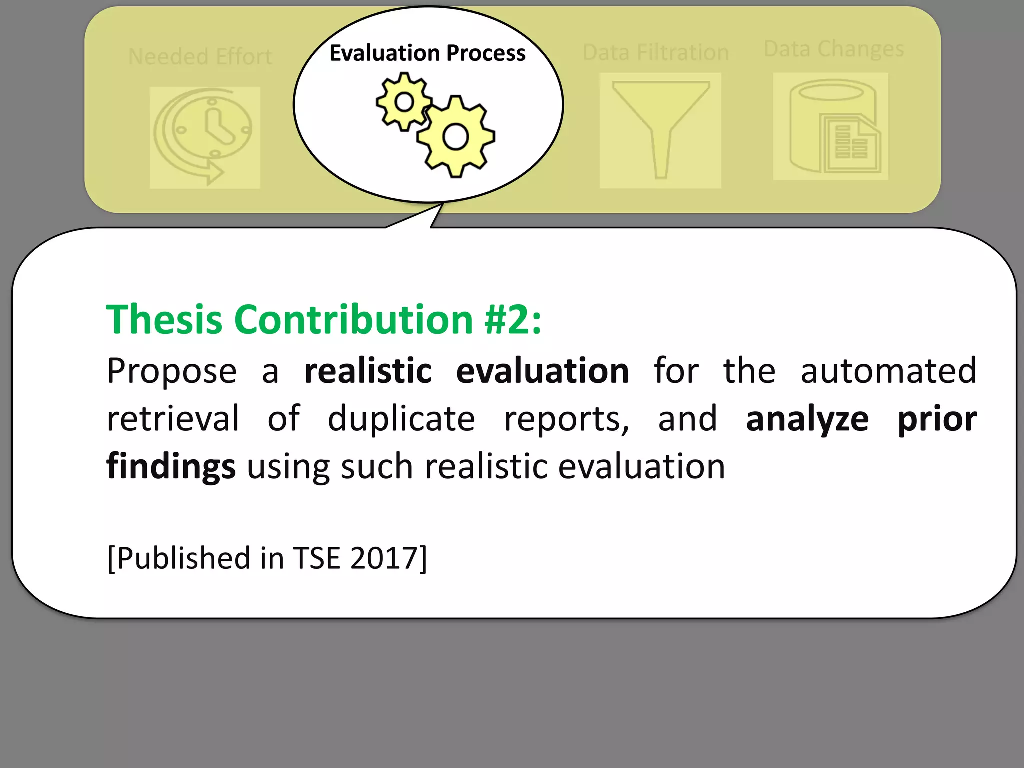 Data ChangesData FiltrationNeeded Effort Evaluation Process
Thesis Contribution #2:
Propose a realistic evaluation for the automated
retrieval of duplicate reports, and analyze prior
findings using such realistic evaluation
[Published in TSE 2017]
 
