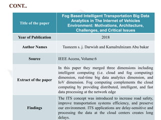 CONT..
Title of the paper
Fog Based Intelligent Transportation Big Data
Analytics in The Internet of Vehicles
Environment: Motivations, Architecture,
Challenges, and Critical Issues
Year of Publication 2018
Author Names Tasneem s. j. Darwish and Kamalrulnizam Abu bakar
Source IEEE Access, Volume:6
Extract of the paper
In this paper they merged three dimensions including
intelligent computing (i.e. cloud and fog computing)
dimension, real-time big data analytics dimension, and
IoV dimension. Fog computing complements the cloud
computing by providing distributed, intelligent, and fast
data processing at the network edge
Findings
The ITS concept was introduced to increase road safety,
improve transportation systems efficiency, and preserve
our environment. ITS applications are delay-sensitive and
processing the data at the cloud centers creates long
delays.
 