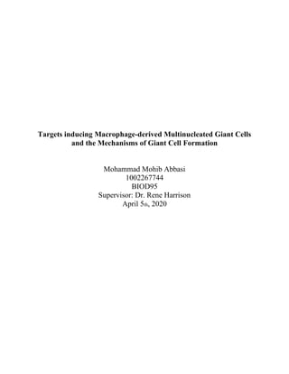 Targets inducing Macrophage-derived Multinucleated Giant Cells
and the Mechanisms of Giant Cell Formation
Mohammad Mohib Abbasi
1002267744
BIOD95
Supervisor: Dr. Rene Harrison
April 5th, 2020
 