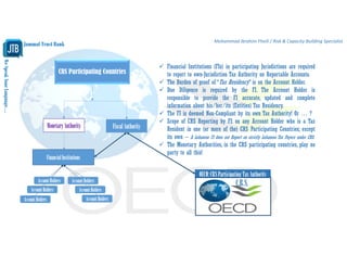 WeSpeakYourLanguage…
Jammal Trust Bank
Mohammad Ibrahim Fheili / Risk & Capacity Building Specialist 
CRS Participating Countries
MonetaryAuthority
FinancialInstitutions
FiscalAuthority
OECD:CRSParticipatingTaxAuthority
C.R.S.AccountHolders
AccountHolders
AccountHolders
AccountHolders
AccountHolders
AccountHolders
 Financial Institutions (FIs) in participating Jurisdictions are required
to report to own-Jurisdiction Tax Authority on Reportable Accounts.
 The Burden of proof of “Tax Residency” is on the Account Holder.
 Due Diligence is required by the FI. The Account Holder is
responsible to provide the FI accurate, updated and complete
information about his/her/its (Entities) Tax Residency.
 The FI is deemed Non-Compliant by its own Tax Authority! Or … ?
 Scope of CRS Reporting by FI: on any Account Holder who is a Tax
Resident in one (or more of the) CRS Participating Countries; except
its own – A Lebanese FI does not Report on strictly Lebanese Tax Payers under CRS.
 The Monetary Authorities, in the CRS participating countries, play no
party to all this!
 