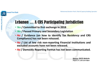 WeSpeakYourLanguage…
Jammal Trust Bank
Mohammad Ibrahim Fheili / Risk & Capacity Building Specialist 
Lebanon … A CRS Participating Jurisdiction
• Yes / Committed to first exchange in 2018
• Yes / Passed Primary and Secondary Legislation
• No / Guidance (on how to identify Tax Residency and CRS
Compliance) has not been released.
• No / List of low risk non‐reporting Financial Institutions and
excluded accounts have not been released.
• No / Domestic Reporting Format has not been communicated.
Source: OECD Website 
August 17th, 2017 @ 4:30pm
 