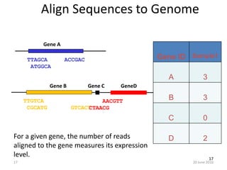 Align Sequences to Genome
Gene A
17
Gene B Gene C GeneD
TTGTCA
CGCATG GTCACT
TTAGCA ACCGAC
ATGGCA
AACGTT
CTAACG
Gene ID Sample1
A 3
B 3
C 0
D 2For a given gene, the number of reads
aligned to the gene measures its expression
level.
20 June 201617
 