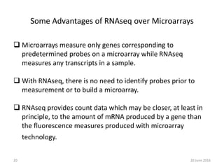 Some Advantages of RNAseq over Microarrays
 Microarrays measure only genes corresponding to
predetermined probes on a microarray while RNAseq
measures any transcripts in a sample.
 With RNAseq, there is no need to identify probes prior to
measurement or to build a microarray.
 RNAseq provides count data which may be closer, at least in
principle, to the amount of mRNA produced by a gene than
the fluorescence measures produced with microarray
technology.
20 June 201620
 