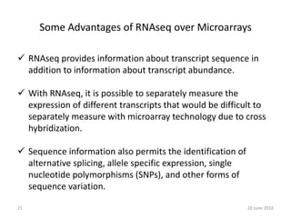 Some Advantages of RNAseq over Microarrays
 RNAseq provides information about transcript sequence in
addition to information about transcript abundance.
 With RNAseq, it is possible to separately measure the
expression of different transcripts that would be difficult to
separately measure with microarray technology due to cross
hybridization.
 Sequence information also permits the identification of
alternative splicing, allele specific expression, single
nucleotide polymorphisms (SNPs), and other forms of
sequence variation.
20 June 201621
 