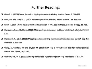 Further Reading:
 Flintoft, L. (2008) Transcriptomics: Digging deep with RNA-Seq, Nat Rev Genet, 9, 568-568.
 Haas, B.J. and Zody, M.C. (2010) Advancing RNA-seq analysis, Nature Biotech., 28, 421-423.
 Levin, J., et al. (2010) Development and evaluation of RNA-seq methods, Genome Biology, 11, P26.
 Marguerat, S. and Bahler, J. (2010) RNA-seq: from technology to biology, Cell. Mol. Life Sci., 67, 569-
579.
 Mortazavi, A., et al. (2008) Mapping and quantifying mammalian transcriptomes by RNA-Seq, Nat
Methods, 5, 621-628.
 Wang, Z., Gerstein, M. and Snyder, M. (2009) RNA-seq: a revolutionary tool for transcriptomics,
Nature Rev. Genet., 10, 57-63.
 Wilhelm, B.T., et al. (2010) Defining transcribed regions using RNA-seq, Nat Protoc, 5, 255-266.
20 June 201622
 