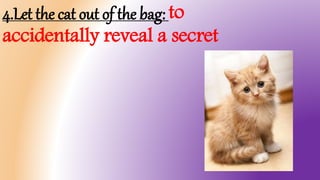 4.Let the cat out of the bag: to
accidentally reveal a secret
 