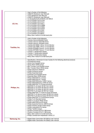 LG, Inc.
- User’s Guides of the following:
• LM60/70 (Notebook User Manual)
• LS70 (Notebook User Manual)
• LW60/70 (Notebook User Manual)
• LG StudioWorks/FLATRON LCD 560LS
• LG FLATRON LCD 577LM
• LG FLATRON LCD 577LH
• LG FLATRON LCD 576LU
• LG FLATRON LCD 575MM
• LG FLATRON LCD 575MS
• LG FLATRON LCD 575LM
• LG FLATRON LCD 575LE
• LG FLATRON LCD 563LS
• LG FLATRON LCD 680LE
• Many other medium & small-sized jobs
Toshiba, Inc.
- User’s Guides of the following:
• Toshiba Internal 800x600 Panel
• Toshiba Internal 1024x768 Panel
• Toshiba Internal 1024x600 Panel
• Toshiba DA1566M, Infinia 15-inch Monitor
• Toshiba DA1766M, Infinia 17-inch Monitor
• Toshiba DP566M, Equium 15-inch Monitor
• Toshiba DP782M, Equium 17-inch Monitor
• Toshiba 17 Multimedia display
• Toshiba 17 Multimedia displayA
• Toshiba 15 Multimedia display
• Many other medium & small-sized jobs
Philips, Inc.
- Specification, Dimension & User Guides for the following electrical products:
• Incandescent lamps
• Genie Cool Daylight lamps
• Genie Warm White lamps
• Mini Tornado Cool Daylight lamps
• Mini Tornado Warm White lamps
• Philips Electronic Reflector
• Philips Ambiance lamps
• Philips Essential lamps
• Essential Cool Daylight lamps
• Essential Warm White lamps
• Philips MASTER PL-C lamps
• Philips MASTER PL-T lamps
• Philips MASTERColour CDM-T lamps
• Philips MASTERColour CDM-TD lamps
• Philips MASTER TL-D Super 80 lamps
• MASTER TL-D Super 80 827 SLV lamps
• MASTER TL-D Super 80 830 SLV lamps
• MASTER TL-D Super 80 840 SLV lamps
• MASTER TL-D Super 80 865 SLV lamps
• Philips MASTER TL-D Secura Super 80 lamps
• MASTER TL-D Secura Super 80 840 SLV lamps
• MASTER TL-D Secura Super 80 830 SLV lamps
• Philips MASTER TL-D Xtra/Xtreme lamps
• Philips TL-D Standard lamps
• Philips TL-D Snow White lamps
• Philips MASTERLine ES lamps
• Philips Essential Dichroic (MR16) lamps
• Philips Plusline double ended lamps
• Philips Capsuleline Pro lamps
• Philips Twistline lamps
• Plusline Compact R7s/18 1BB lamps
• Plusline Compact R7s/10 1BB lamps
• Many other medium & small-sized jobs
• Philips CareServant helpteksten versie 2.4
Samsung, Inc. • Digital Video Camcorder VP-D381(i) user manual
• Digital Video Camcorder VP-D382(i) user manual
 