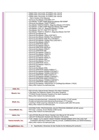 • Digital Video Camcorder VP-D383(i) user manual
• Digital Video Camcorder VP-D384(i) user manual
• Digital Video Camcorder VP-D385(i) user manual
User’s Guides of the following:
• Samsung SyncMaster 570V/580V TFT
• SyncMaster 151MP/155MP,MagicSyncMaster RB1500MP
• Samsung SyncMaster 755DFT/740DFT
• SyncMaster 755DFG/740DFG, MagicSyncMaster CTT17DFG
• SyncMaster 171MP/175MP,MagicSyncMaster RB1700MP
• SyncMaster 770S TFT, MagicSyncMaster L17S-AN
• SyncMaster 760 TFT/ 760V TFT/ 780 TFT
• SyncMaster 753DF(T)/ 783DF(T), MagicSyncMaster AQ17DF
• Samsung SyncMaster 4S
• Samsung SyncMaster 1000s (CGP1607*)
• Samsung SyncMaster 500(M)s Plus (CKE5507*)
• Samsung SyncMaster 500b Plus (CKF5607*)
• Samsung SyncMaster 700(M)s Plus (CKG7507*)
• Samsung SyncMaster 450b(T)
• Samsung SAMTRON 45B(T)
• Samsung SyncMaster 550s(T)
• Samsung SAMTRON 55E(Plus)
• Samsung SyncMaster 550b(T)
• Samsung SAMTRON 55B
• Samsung SyncMaster 753DF(T)
• Samsung SyncMaster 755DF(T)
• Samsung SAMTRON 75DF(T)
• Samsung SyncMaster 955SL(T)
• Samsung SyncMaster 550v
• Samsung SyncMaster 770 TFT
• Samsung SAMTRON 75T(T)
• Samsung SyncMaster 750ST(T)
• Samsung 15GLsi
• Samsung SyncMaster 500b
• Samsung SAMTRON 5(M)B (CGB5617*)
• Samsung SyncMaster 500(M)p (CGC5607*)
• Samsung SyncMaster 700(M)s (CGE7507*)
• Samsung SAMTRON 7(M)E (CGE7517*)
• Samsung SyncMaster 500(M)s (CGK5507*)
• Samsung SAMTRON 5(M)E (CGK5517*)
• Samsung SyncMaster 700(M)b (CGM7607*)
• Samsung SAMTRON 7(M)B (CGM7617*)
• Samsung SyncMaster 150t(A)/570D TFT(A)/MagicSyncMaster L15D(A)
• Many other medium & small-sized jobs
Intel, Inc
Bosch, Inc.
• DO1101A-Ex Optical Smoke Detector (Fire Alarm Systems)
• LSN Radio Fire Detection System (Fire Alarm Systems)
• TITANUS Smoke Extraction Systems (Fire Alarm Systems)
• Many other medium & small-sized jobs
Shell, Inc.
• Energy and petrochemicals - Introduction to the industry (17,447 words)
• Energy and petrochemicals-Delivering Downstream (7113 words)
• Learning In Shell (Learning materials for the company staff) (284,700 words)
• Many other medium & small-sized jobs
ExxonMobil, Inc.
• DISTRIBUTORS’ PROFESSIONAL SALES PROCESS SEMINAR (40,000 words)
• PVl Case: Lubestop, Exxon Mobile (2,800 words)
• Many other medium & small-sized jobs
Jabra, Inc. • Jabra BT320s Blueooth Stereo Headset User Manual (8,100 words)
• Jabra BT135 Blueooth Headset User Manual (7,700 words)
france transfo, Inc.
• TCR / ONAN / OLTC 245479 “ONAN” POWER TRANSFORMER WITH ON-LOAD TAP
CHANGER (INSTRUCTIONS for INSTALLATION, COMMISSIONING and MAINTENANCE)
• Many other medium & small-sized jobs
Bang&Olufsen, Inc. Specification, Dimension & User Guides for the following A/V products:-
 