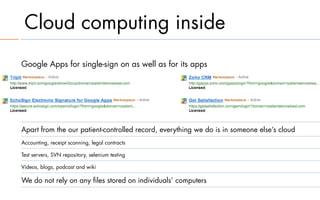 Cloud computing inside
Google Apps for single-sign on as well as for its apps




Apart from the our patient-controlled record, everything we do is in someone else’s cloud
Accounting, receipt scanning, legal contracts

Test servers, SVN repository, selenium testing

Videos, blogs, podcast and wiki

We do not rely on any ﬁles stored on individuals’ computers
 