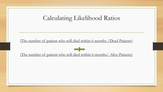 Calculating Likelihood Ratios
(The number of patient who will died within 6 months /Dead Patients)
(The number of patient who will died within 6 months/ Alive Patients)
 