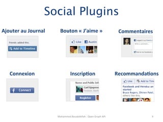 Social Plugins
Ajouter	
  au	
  Journal	
        Bouton	
  «	
  J’aime	
  »	
                               Commentaires	
  




     Connexion	
                              Inscrip?on	
                                  Recommanda?ons	
  




                               Mohammed	
  Bouabdellah	
  -­‐	
  Open	
  Graph	
  API	
                     9	
  
 