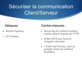 Sécuriser la communication
Client/Serveur
S Secure flag for cookies to protect
cookies against leaking over HTTP
S Entête HSTS pour forcer la
navigation sécurisée
S « Public Key Pinning » pour se
protéger contre les certificats
frauduleux.
Contre-mesures :Attaques:
S Session hijacking
S SSL Stripping
 