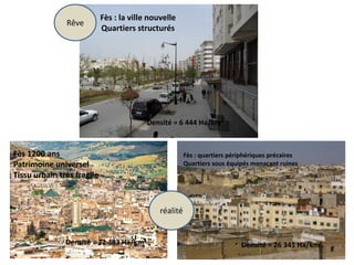 Fès 1200 ans
Patrimoine universel
Tissu urbain très fragile
Densité = 22 483 Ha/km²
Fès : quartiers périphériques précaires
Quartiers sous équipés menaçant ruines
Fès : la ville nouvelle
Quartiers structurés
Densité = 6 444 Ha/km²
Densité = 26 341 Ha/km²
réalité
Rêve
 