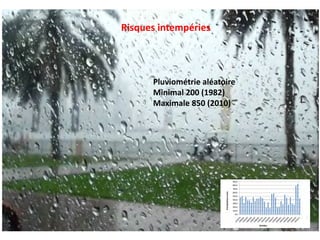 Pluviométrie aléatoire
Minimal 200 (1982)
Maximale 850 (2010)
Risques intempéries
 