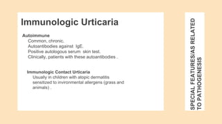 SPECIAL
FEATURES/AS
RELATED
TO
PATHOGENESIS
Autoimmune
Common, chronic.
Autoantibodies against IgE.
Positive autologous serum skin test.
Clinically, patients with these autoantibodies .
Immunologic Urticaria
Immunologic Contact Urticaria
Usually in children with atopic dermatitis
sensitized to invironmental allergens (grass and
animals) .
 