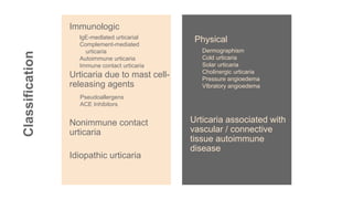 Immunologic
lgE-medlated urticarial
Complement-mediated
urticaria
Autoimmune urticaria
Immune contact urticaria
Physical
Dermographism
Cold urticaria
Solar urticaria
Cholinergic urticaria
Pressure angioedema
VIbratory angioedema
Classification
Urticaria due to mast cell-
releasing agents
Pseudoallergens
ACE Inhibitors
Nonimmune contact
urticaria
Idiopathic urticaria
Urticaria associated with
vascular / connective
tissue autoimmune
disease
 