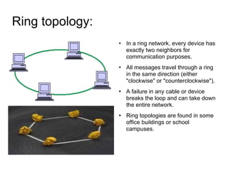 Ring topology:  In a ring network, every device has exactly two neighbors for communication purposes. All messages travel through a ring in the same direction (either "clockwise" or "counterclockwise"). A failure in any cable or device breaks the loop and can take down the entire network. Ring topologies are found in some office buildings or school campuses.  