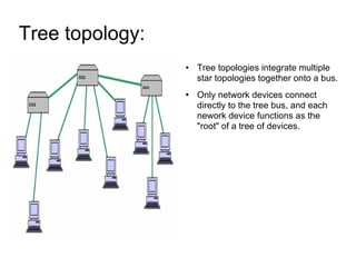 Tree topology:  Tree topologies integrate multiple star topologies together onto a bus. Only network devices connect directly to the tree bus, and each nework device functions as the "root" of a tree of devices. 