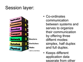 Session layer:  Co-ordinates communication between systems and serves to organize their communication  by offering three differnt modes: simplex, half duplex and full duplex. Keeps different application data seperate from other application data. 