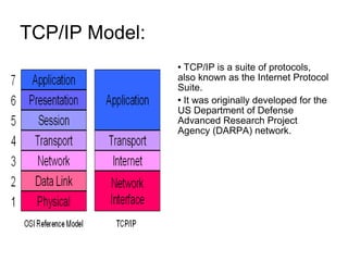 TCP/IP Model:  TCP/IP is a suite of protocols, also known as the Internet Protocol Suite. It was originally developed for the US Department of Defense Advanced Research Project Agency (DARPA) network. 