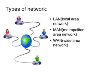 Types of network:  LAN(local area network) MAN(metropolitan area network) WAN(wide area network) 