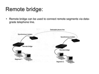 Remote bridge:  Remote bridge can be used to connect remote segments via data-grade telephone line. 