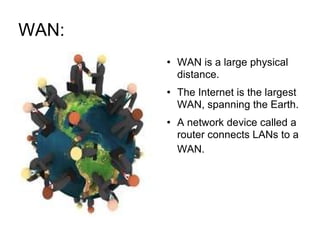 WAN:  WAN is a large physical distance. The Internet is the largest WAN, spanning the Earth. A network device called a router connects LANs to a WAN.  