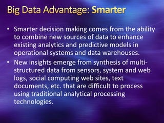 • Smarter decision making comes from the ability
  to combine new sources of data to enhance
  existing analytics and predictive models in
  operational systems and data warehouses.
• New insights emerge from synthesis of multi-
  structured data from sensors, system and web
  logs, social computing web sites, text
  documents, etc. that are difficult to process
  using traditional analytical processing
  technologies.
 