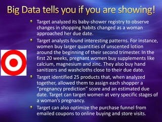 Target analyzed its baby-shower registry to observe
changes in shopping habits changed as a woman
approached her due date.
Target analysts found interesting patterns. For instance,
women buy larger quantities of unscented lotion
around the beginning of their second trimester. In the
first 20 weeks, pregnant women buy supplements like
calcium, magnesium and zinc. They also buy hand
sanitizers and washcloths close to their due date.
Target identified 25 products that, when analyzed
together, allowed them to assign each shopper a
“pregnancy prediction” score and an estimated due
date. Target can target women at very specific stages of
a woman’s pregnancy.
Target can also optimize the purchase funnel from
emailed coupons to online buying and store visits.
 