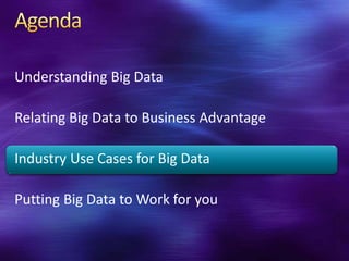 Understanding Big Data

Relating Big Data to Business Advantage

Industry Use Cases for Big Data

Putting Big Data to Work for you
 