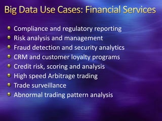 Compliance and regulatory reporting
Risk analysis and management
Fraud detection and security analytics
CRM and customer loyalty programs
Credit risk, scoring and analysis
High speed Arbitrage trading
Trade surveillance
Abnormal trading pattern analysis
 