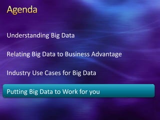 Understanding Big Data

Relating Big Data to Business Advantage

Industry Use Cases for Big Data

Putting Big Data to Work for you
 