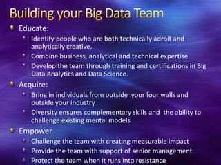 Educate:
   Identify people who are both technically adroit and
   analytically creative.
   Combine business, analytical and technical expertise
   Develop the team through training and certifications in Big
   Data Analytics and Data Science.
Acquire:
   Bring in individuals from outside your four walls and
   outside your industry
   Diversity ensures complementary skills and the ability to
   challenge existing mental models
Empower
   Challenge the team with creating measurable impact
   Provide the team with support of senior management.
   Protect the team when it runs into resistance
 