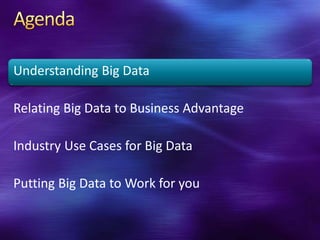 Understanding Big Data

Relating Big Data to Business Advantage

Industry Use Cases for Big Data

Putting Big Data to Work for you
 
