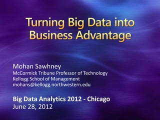 Mohan Sawhney
McCormick Tribune Professor of Technology
Kellogg School of Management
mohans@kellogg.northwestern.edu

Big Data Analytics 2012 - Chicago
June 28, 2012
 